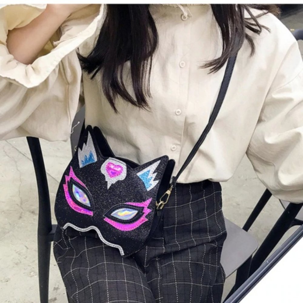 Lucha Libre Cat Mask Glitter Crossbody Handbag - Picture 6 of 8